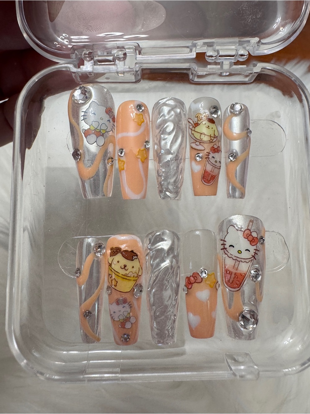 Kitty & Pompompurin Peach and Silver Acrylic Press-On Nails
